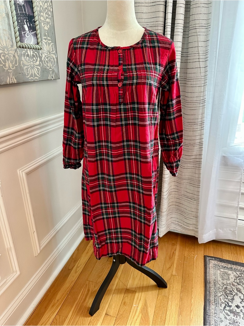 Petite Plume Red Tartan Plaid Women's Nightshirt with Button-Front Christmas